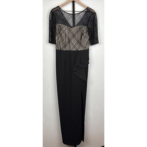 Adrianna Papell Plaid Beaded Formal Dress Women's 10 Black Side Slit Elegant - Picture 2 of 15